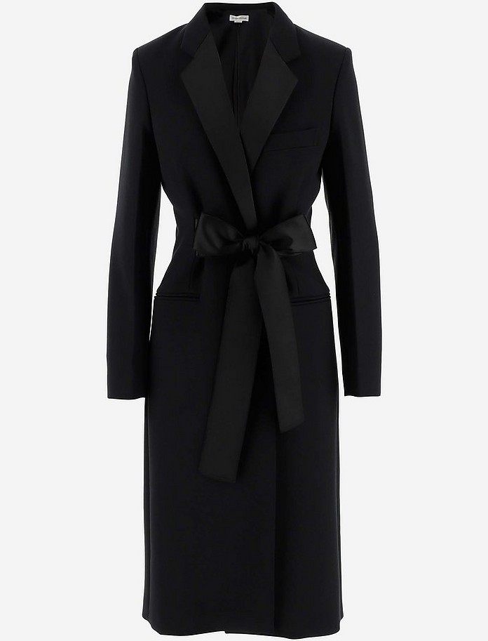 Black Wool Blend Women's Belted Tuxedo Coat - Victoria Beckham