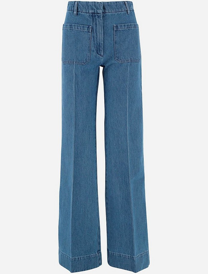 Blue Cotton Denim Wide Leg Women's Jeans - Victoria Beckham
