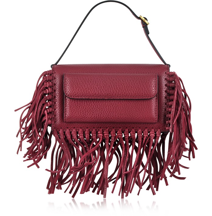 Valentino Brown Gryphon Fringe Leather Flap Bag at FORZIERI