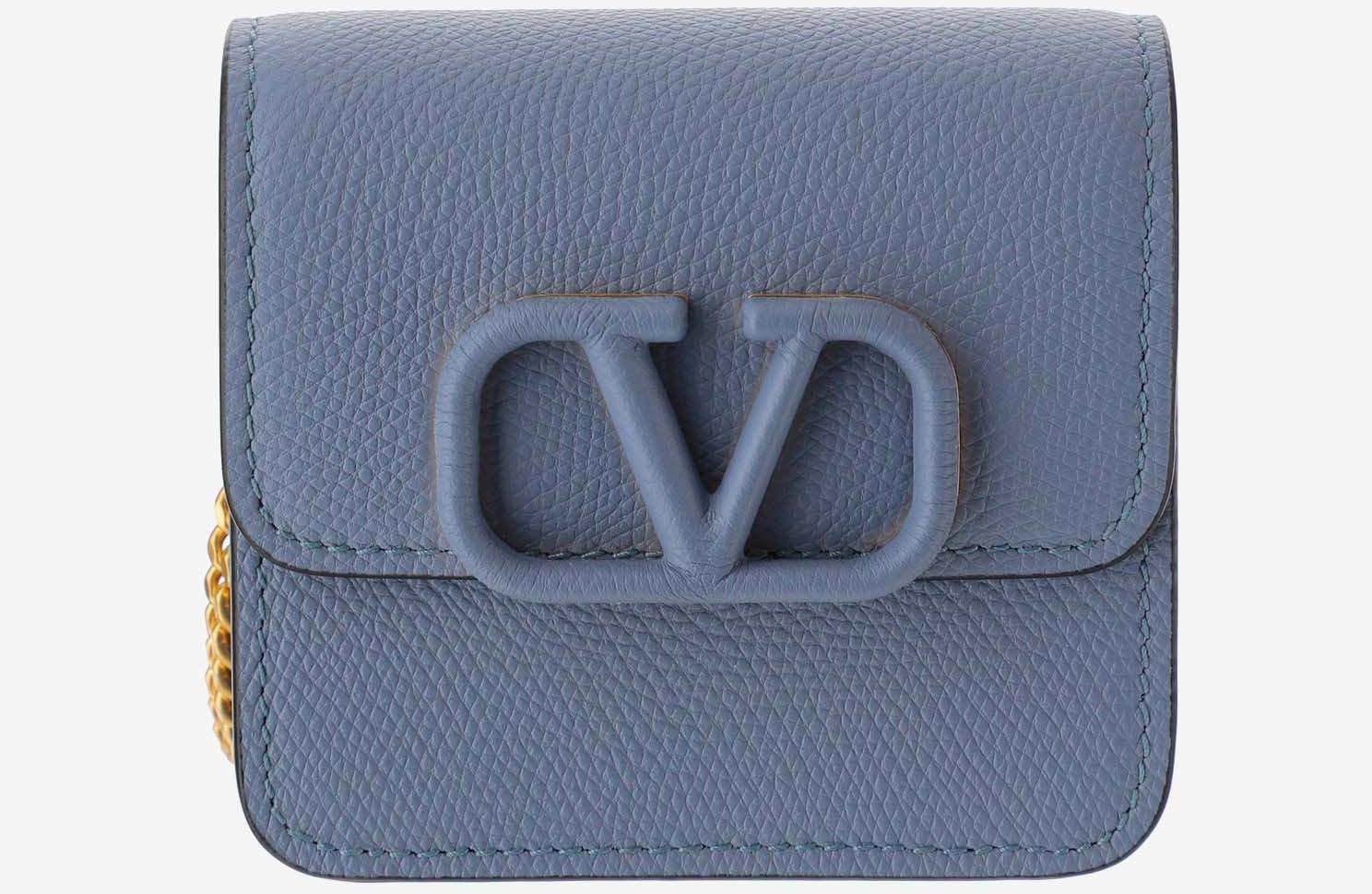 Baby Blue Leather Vsling Wallet on a Chain
