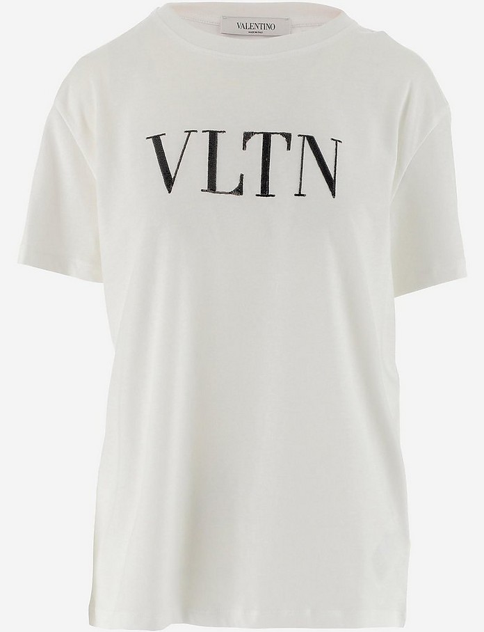 White Cotton Signature Print Women's T-Shirt W/Short Sleeve - Valentino