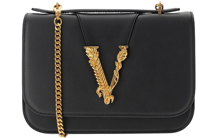 Black Leather V Barocco Closure Shoulder Bag - Versace
