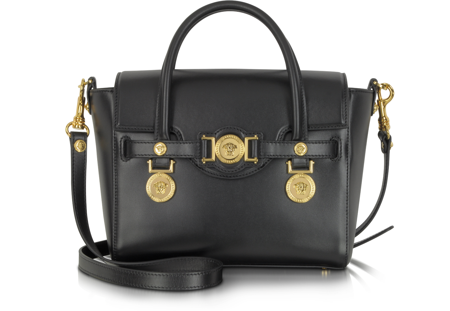 Versace Golden Signature Black Leather Satchel Bag at FORZIERI