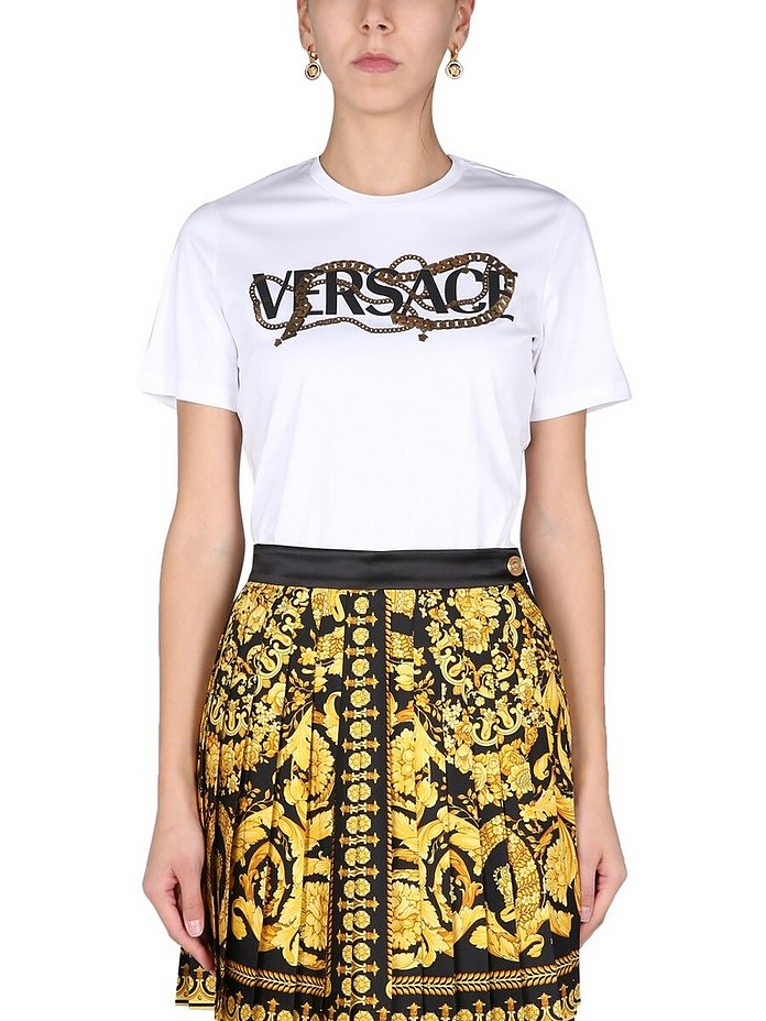 T-Shirt With Chain Logo Print - Versace