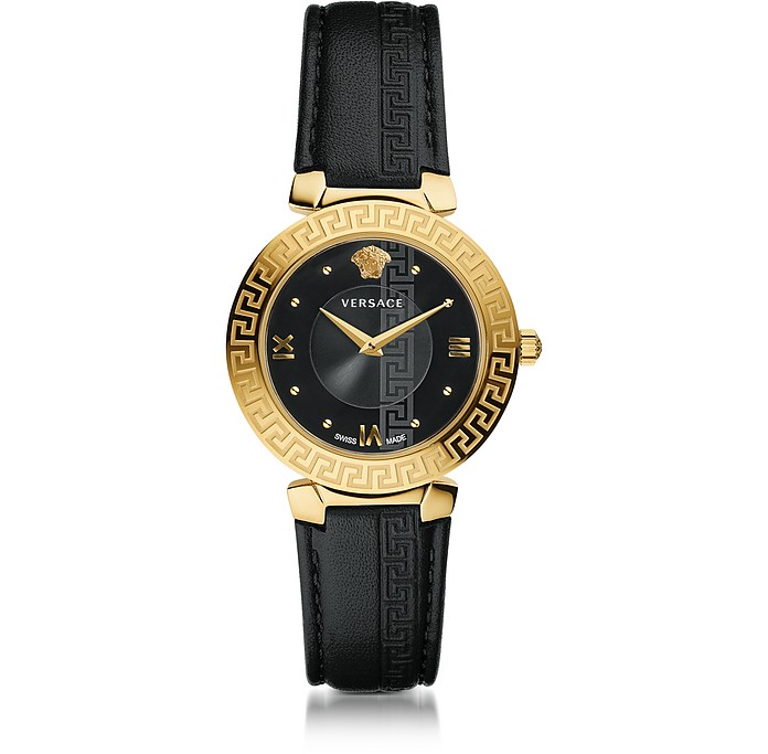 Daphnis Reloj de Mujer de Acero Inoxidable Dorado, Caja Negra y Correa de Curo Negro - Versace