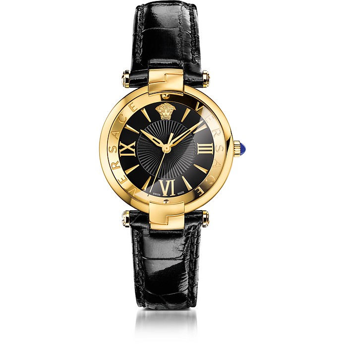 Revive 3H Black and PVD Gold Plated Women's Watch w/Croco Embssed Band - Versace