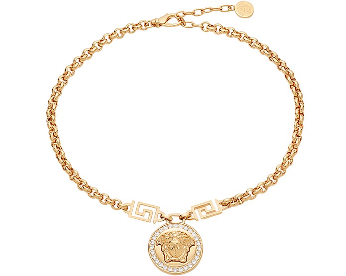 Versace Gold Metal Medusa Pendant Necklace w/White Crystals at FORZIERI