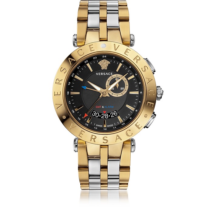 V-Race GMT Alarm Silver and PVD Gold Plated Men's Watch w/Black Dial - Versace
