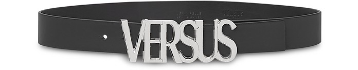 Black Leather Men's Belt w/Metal Vintage Signature Logo - Versace Versus