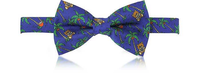 Blue Palms and Teddy Bears Printed Twill Silk Pre Tied Bow Tie - Moschino