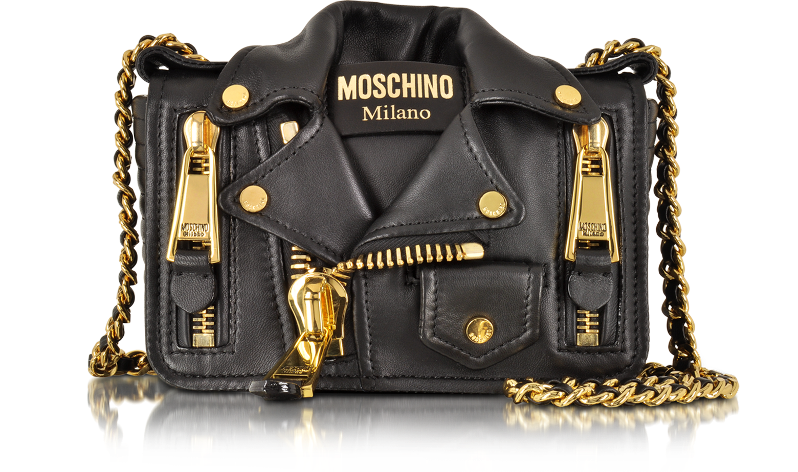 Moschino Black Nappa Leather Biker Jacket Shoulder Bag at FORZIERI