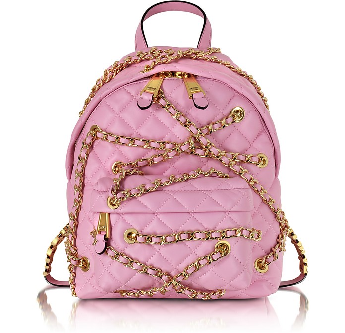 Moschino Pink Quilted Nappa Leather Chains Backpack at FORZIERI
