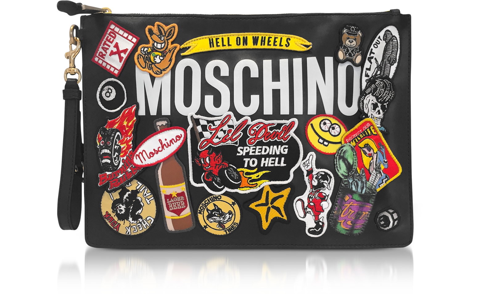 Moschino Black Leather Clutch w/Patches 