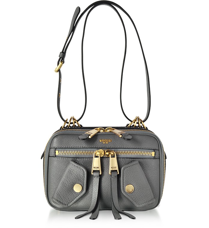 Moschino Dark Gray Leather Shoulder Bag at FORZIERI