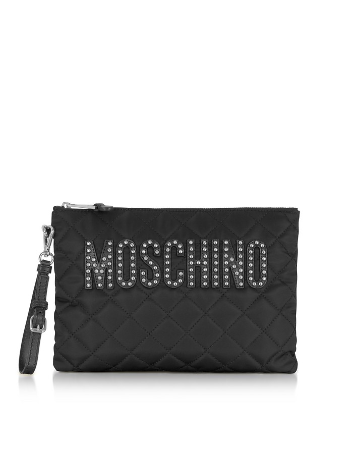 Moschino Black Quilted Nylon Clutch w/Detachable Wristlet and Studs at ...