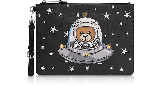 Space Teddy Bear - Pochette en Éco Cuir Noir Imprimé Ourson - Moschino
