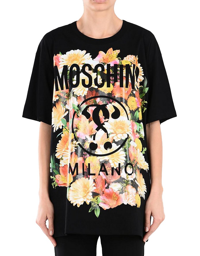 Moschino Floral Print Black Cotton Oversized Women's T-Shirt XS at 
