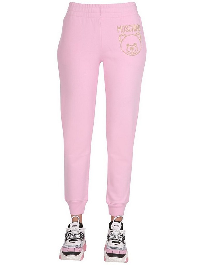Pink Cotton Jogging Pants With Crystal Teddy Bear - Moschino
