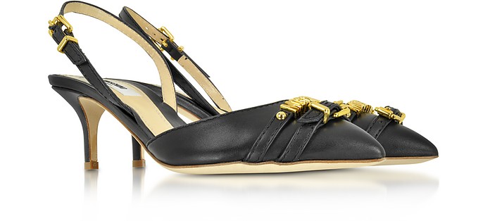 Moschino Black Leather Mid-heel Sandal w/Golden Buckles 37 IT/EU at ...