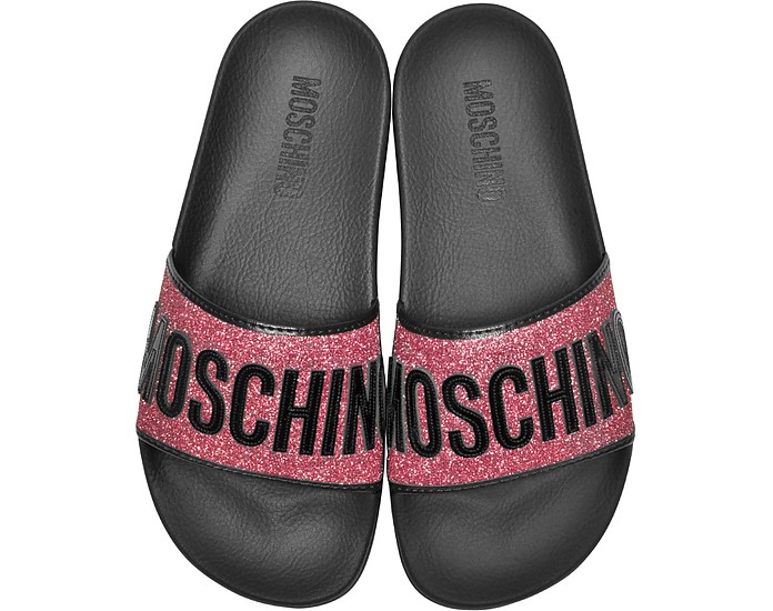 Fuchsia Glitter and Black Patent Pool Sandals - Moschino / XL[m