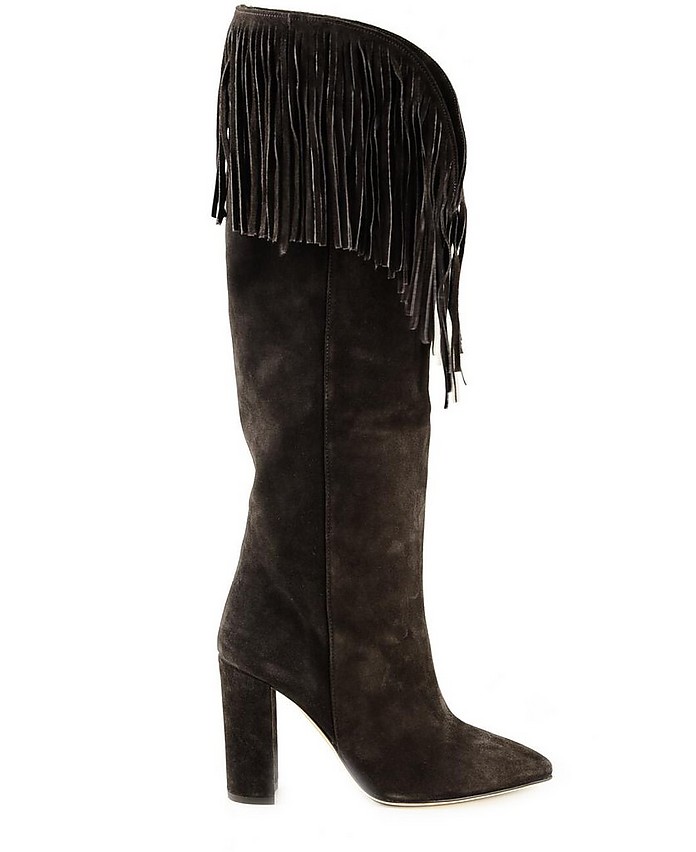 Brown Suede Women's Fringed High-Heel Boots - Paris Texas