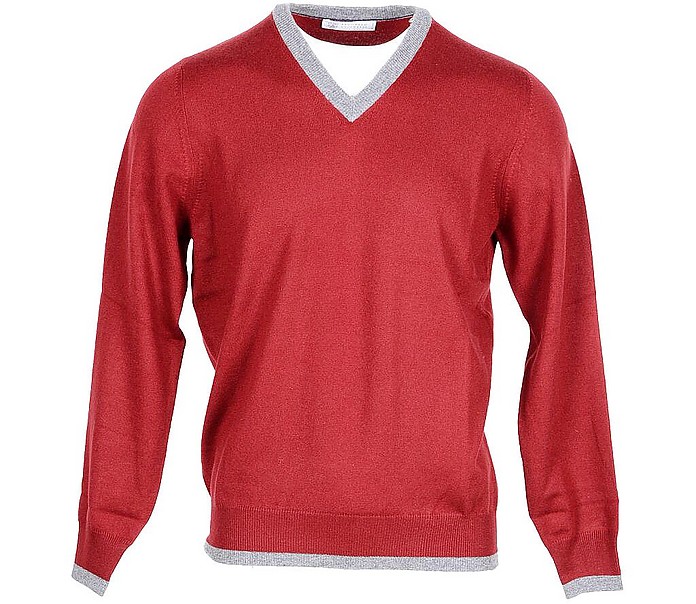 Red Pure cashmere Men's V-Neck Sweater - Brunello Cucinelli