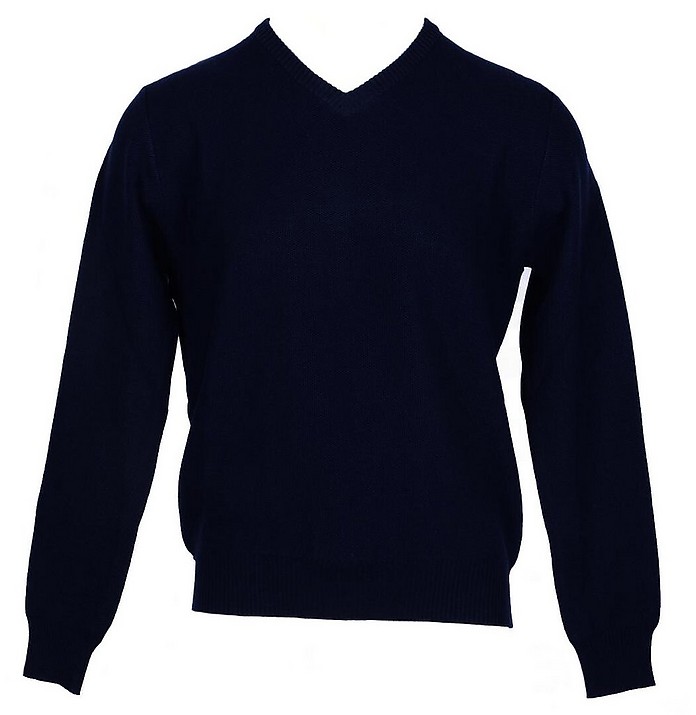 Blue Cashmere and Wool Blend Men's V-Neck Sweater - Cashmere Company