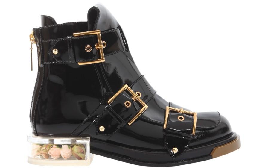 Black Patent Leather Buckle Boots 