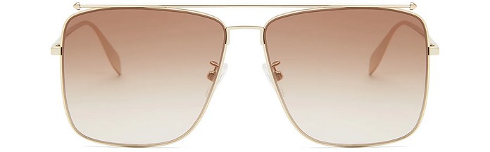 AM0318S Gold Metal Frame Square Unisex Sunglasses - Alexander McQueen