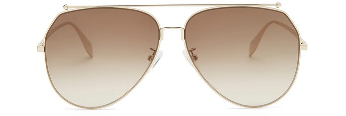 AM0316S Gold Metal Frame Aviator Unisex Sunglasses - Alexander McQueen