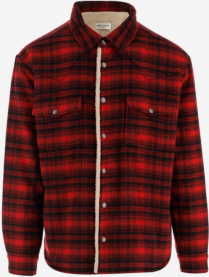 Red Checked Wool and Shearling Men's Overshirt - Saint Laurent