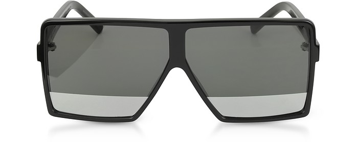 New Wave 183 Shiny Black Acetate Betty S Sunglasses w/Mirror Lenses - Yves Saint Laurent