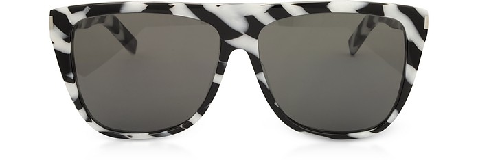 SL1 014 Black and White Zebra Striped Acetate Frame Sunglasses - Saint Laurent