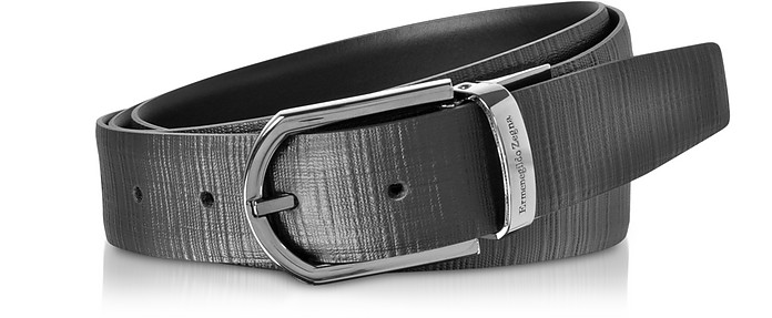 Black Embossed Leather Adjustable and Reversible Men's Belt  - Ermenegildo Zegna