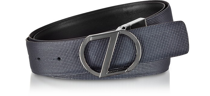Navy Blue & Black Cross Grain Leather Adjustable and Reversible Men's Belt - Ermenegildo Zegna