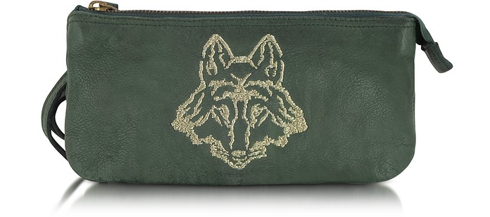 Zadig & Voltaire Embroidered Green Leather Clutch at FORZIERI
