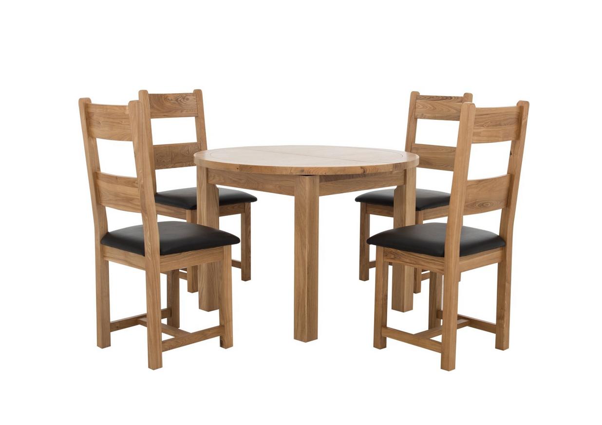 california extending round dining table and 4 wood ladder back chairs
