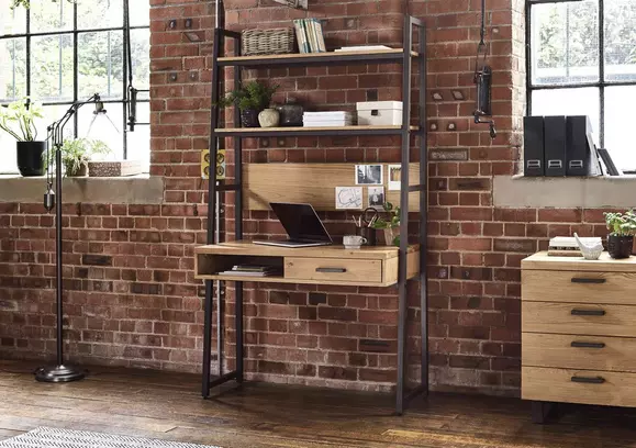 Narrow desk deals with shelves above