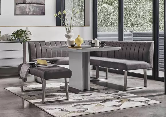 Grey table and chairs store with bench