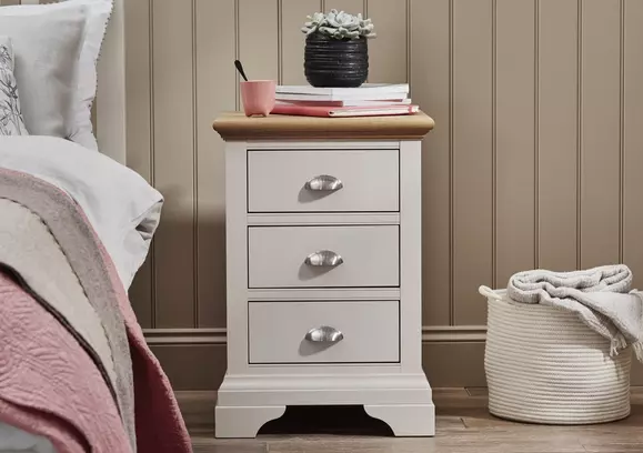 Gray Twin Bed with Brass and Marble Nesting Bedside Tables