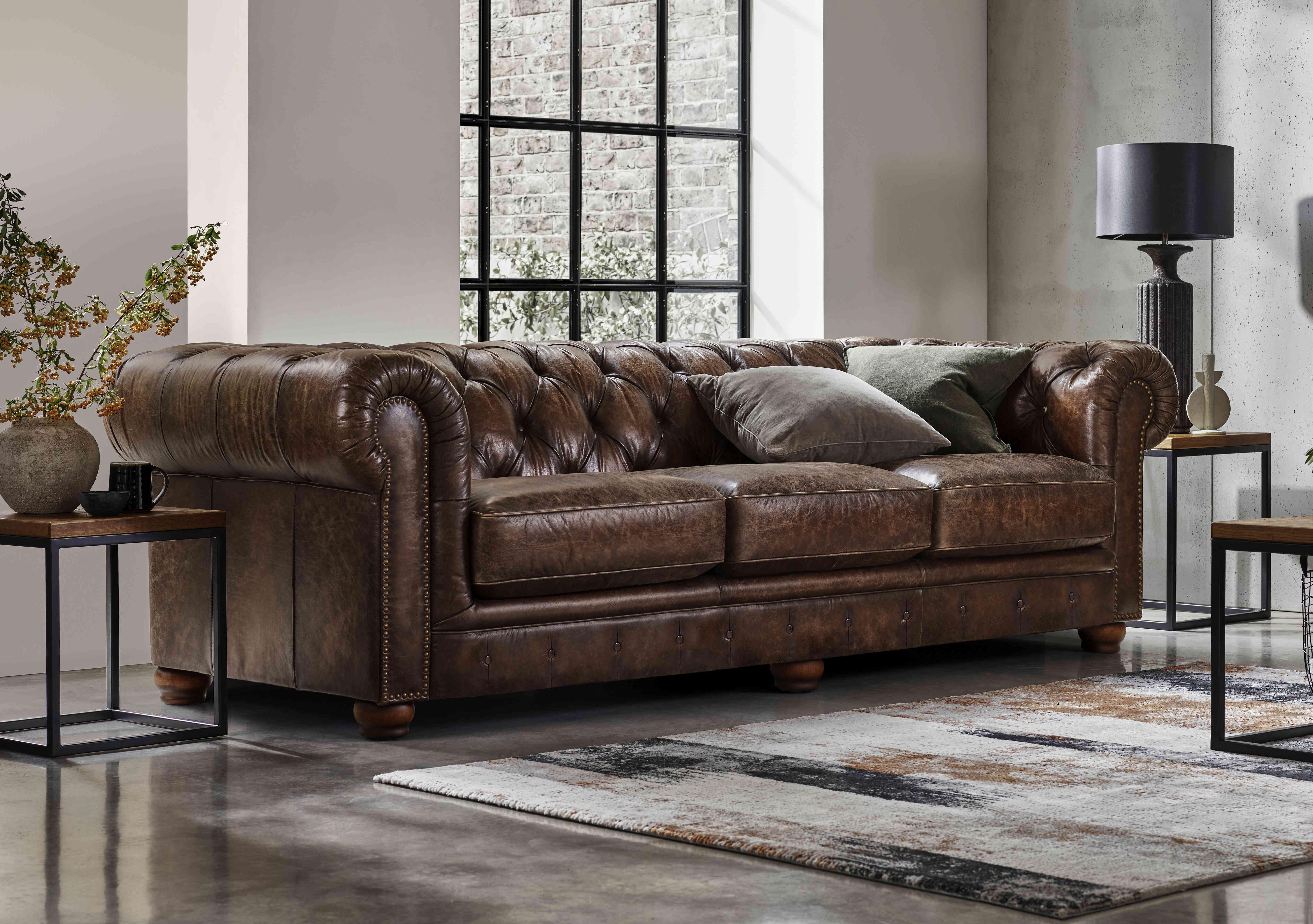 Tan leather deals chesterfield style sofa