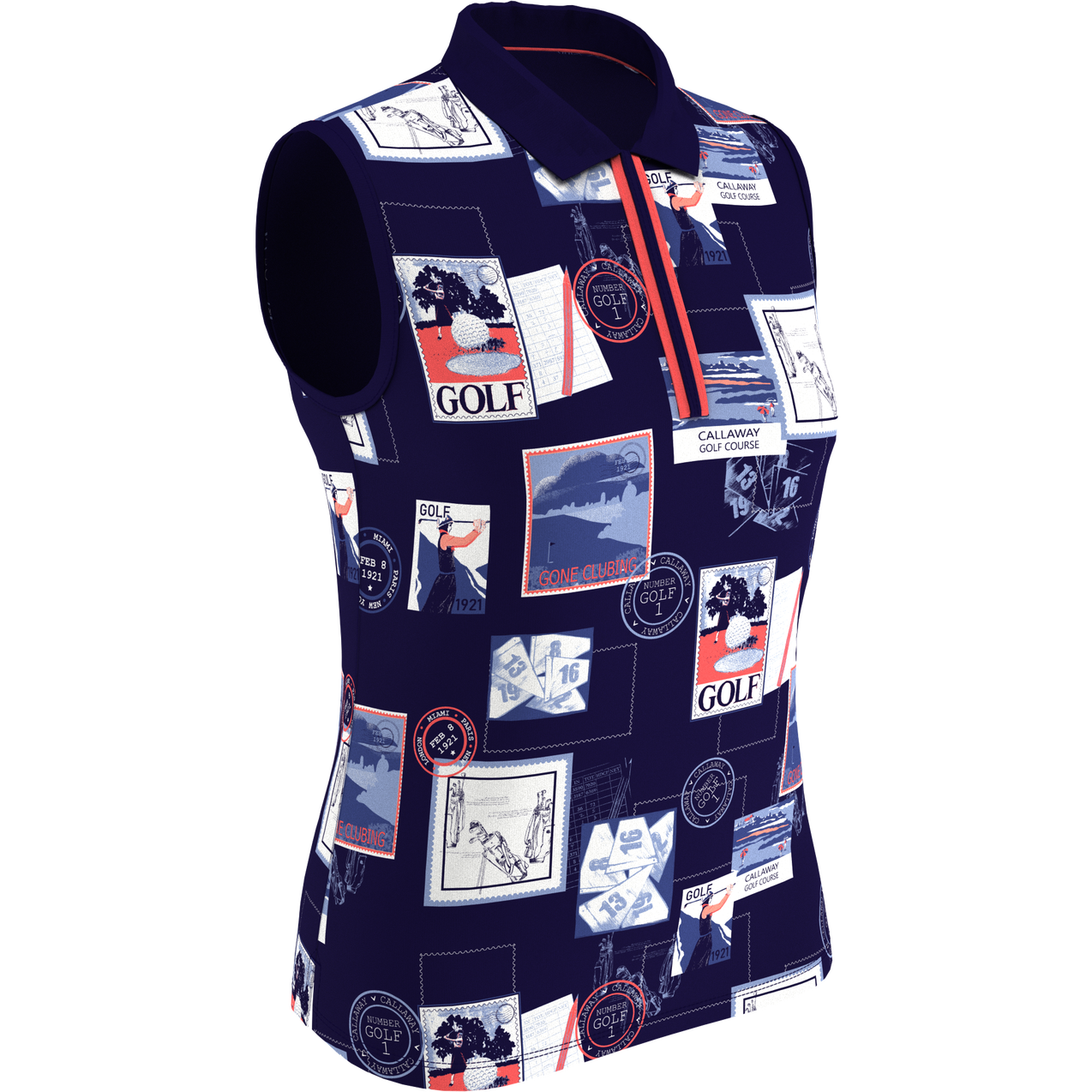 Women's Postcard Printed Zip Sleeveless Polo