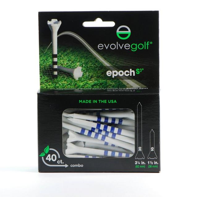 EPOCH White/Blue Combo Pack (30 Count 3 1/4 Inch) & (10 Count 1 1/2 Inch) Tees EVOLVE GOLF