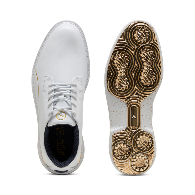 PUMA ゴルフシューズ　ゴールド　ホワイト Men's Players Royale Spikeless Golf Shoe - White/Gold | PUMA