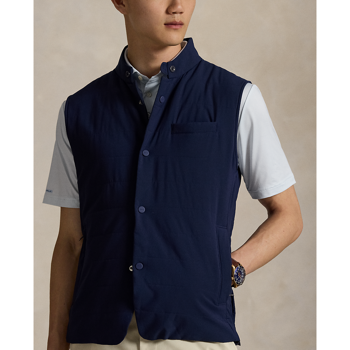 Sleeveless Tech Stretch Snap Button Mock Neck Vest