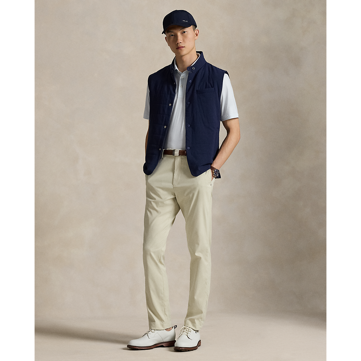 Sleeveless Tech Stretch Snap Button Mock Neck Vest