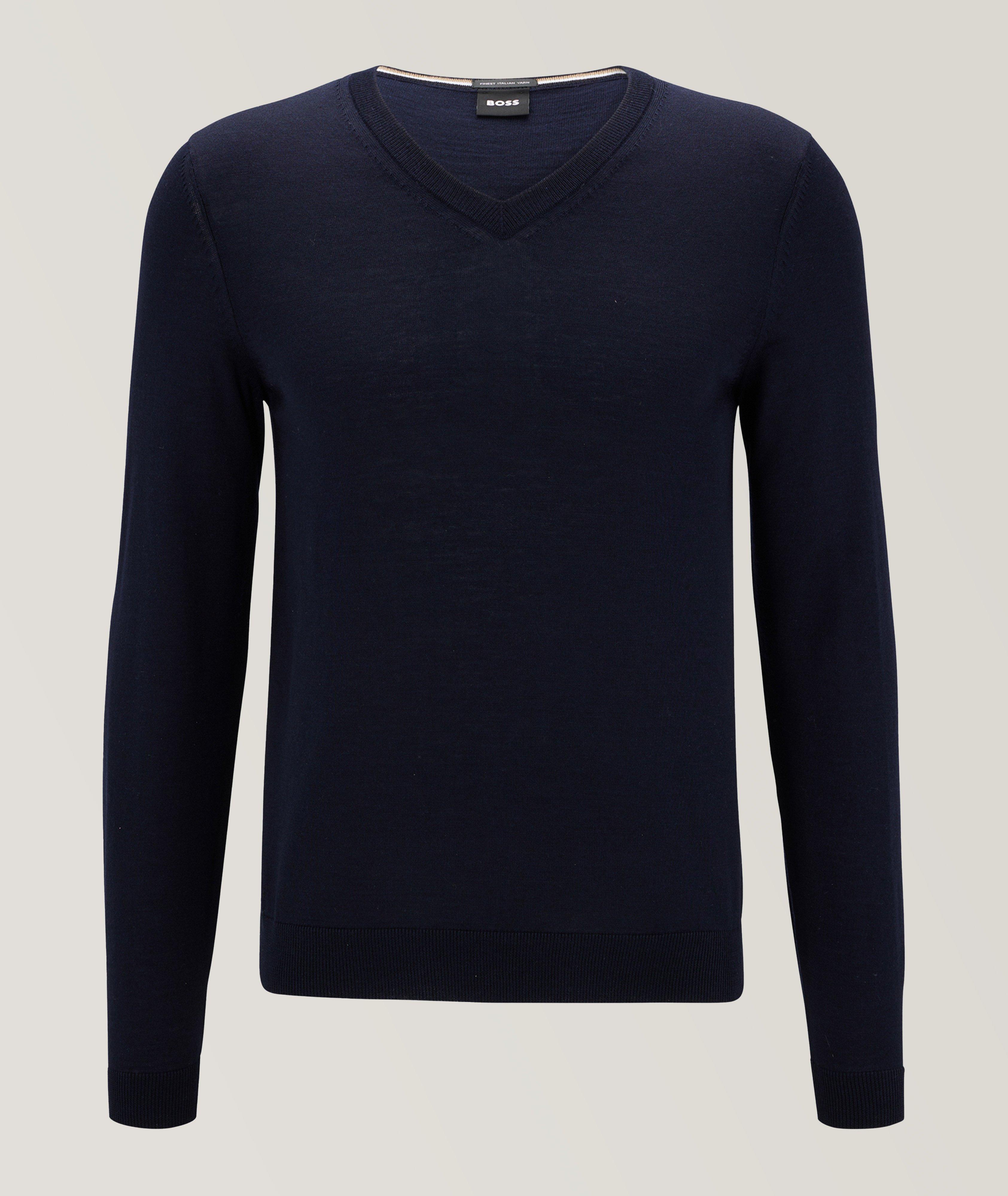 BOSS Pull En Laine Vierge À Encolure En V En Bleu , Taille Homme Moyen