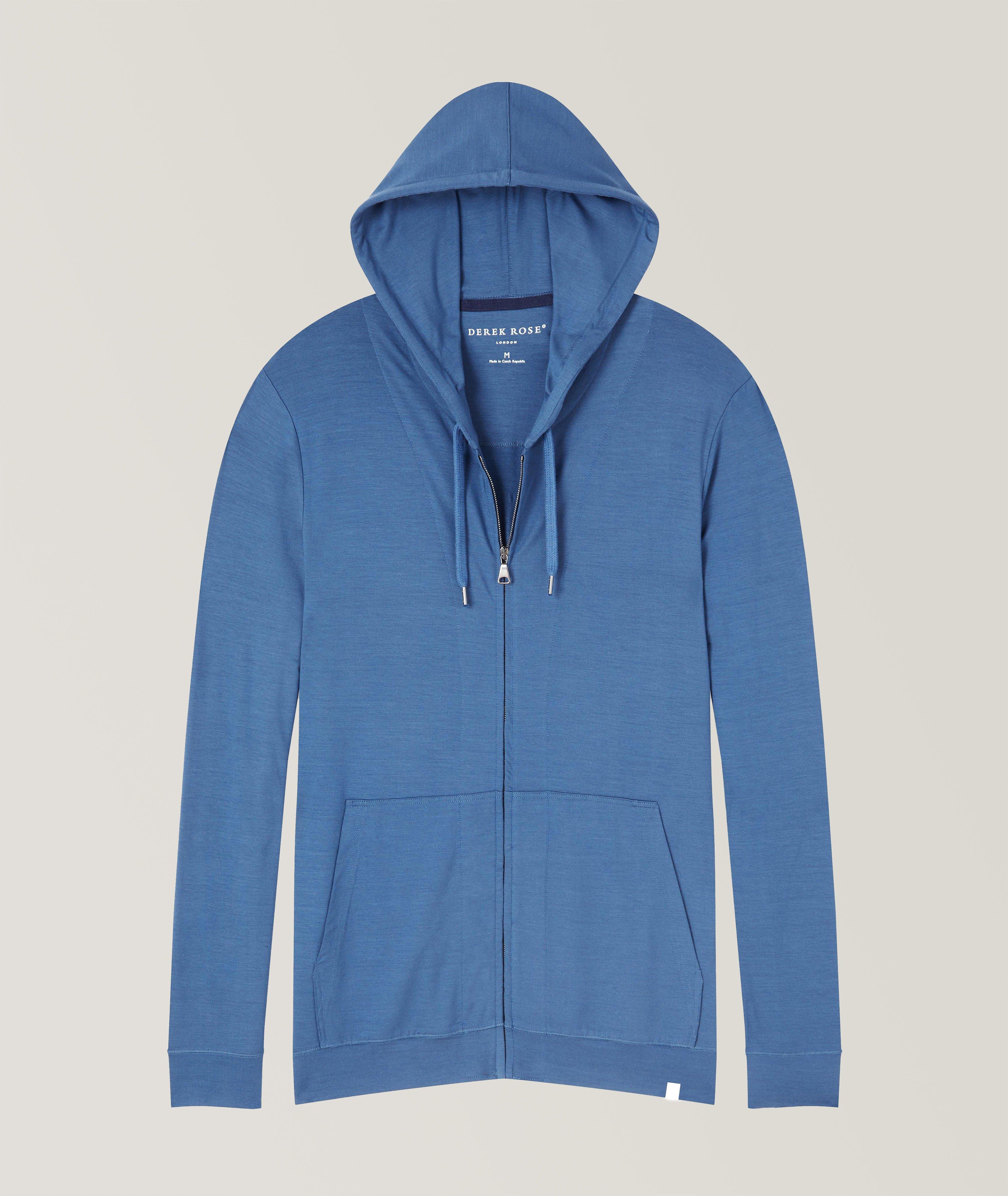 Derek Rose Basel 13 Micro-Modal Stretch Hooded Sweater In Blue , Men's Size Large