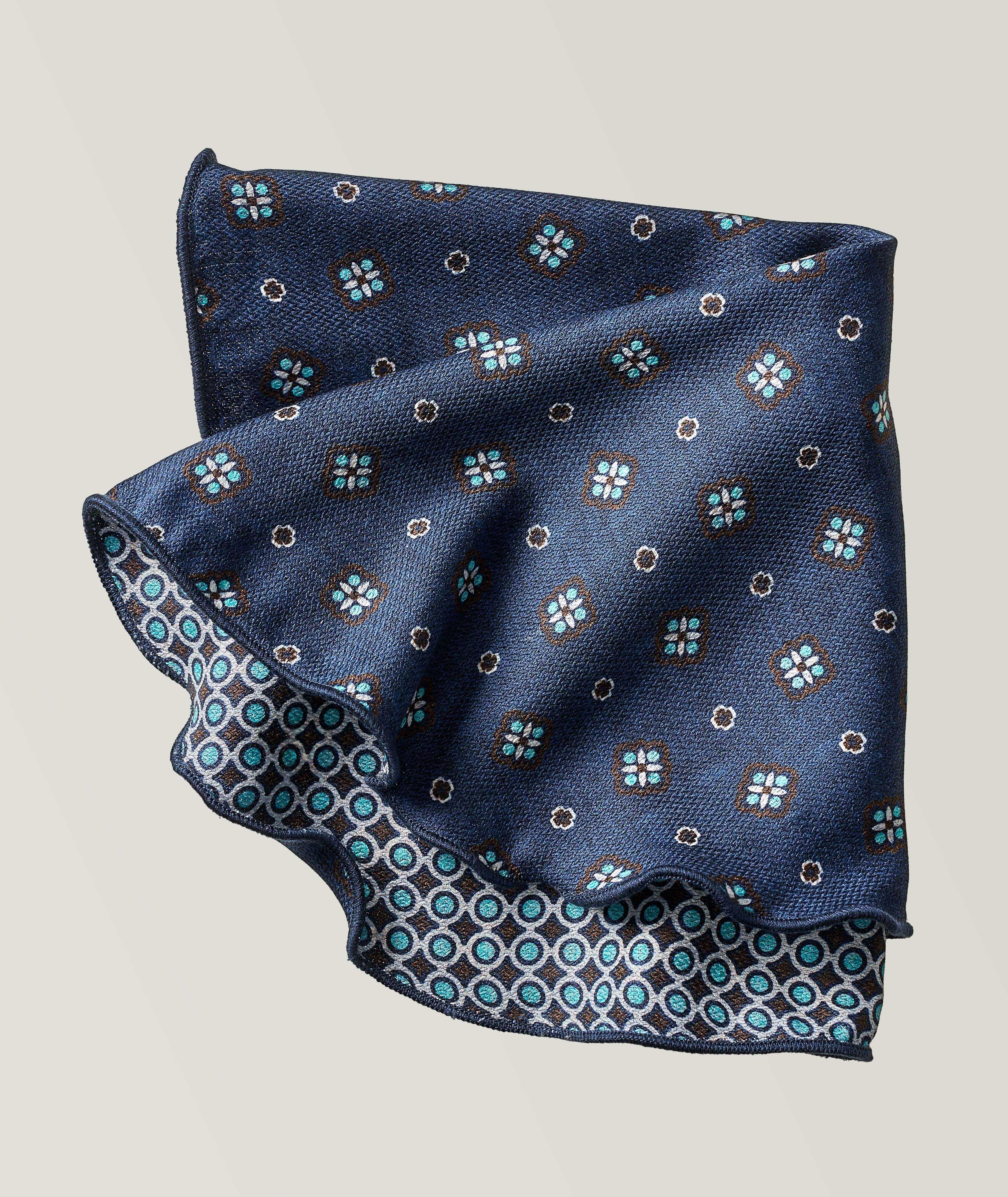 Reversible Medallion Floral Print Silk Pocket Square