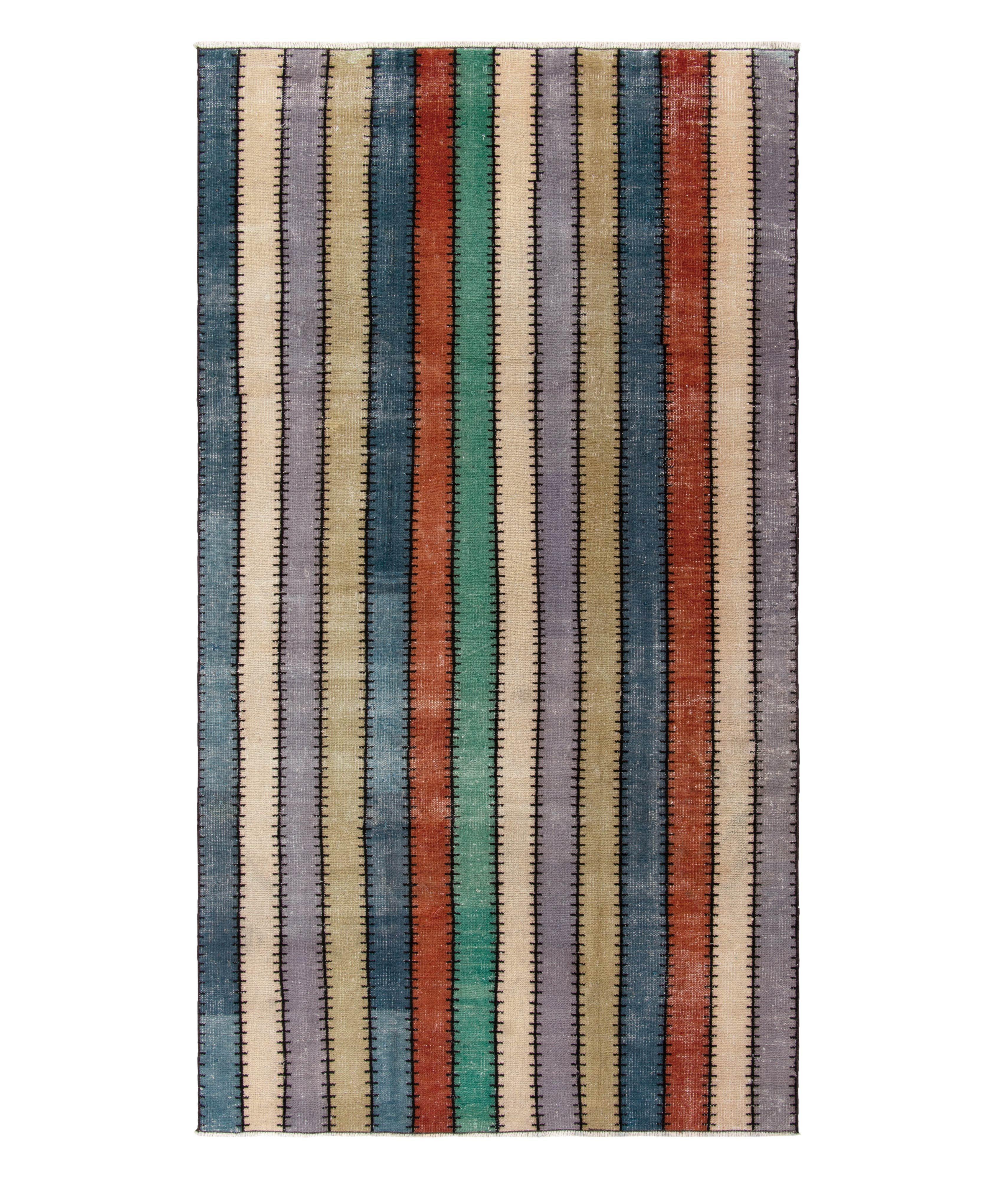 1960s Vintage Distressed Striped Pattern Rug